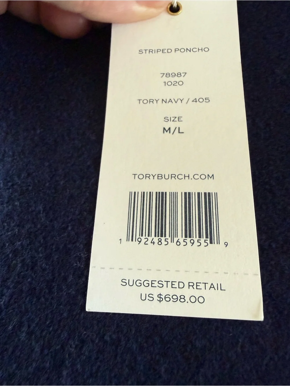 Tory Burch Navy Turtleneck Sweater with Burgundy, Green & Rust Stripes